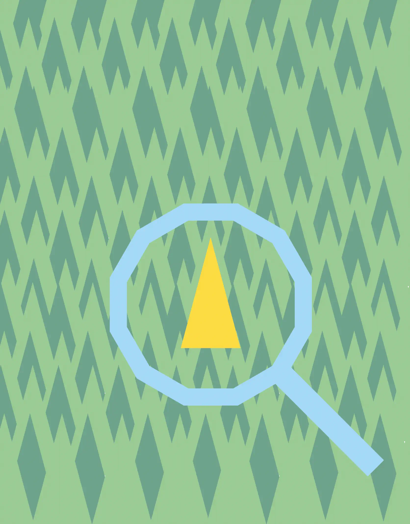 blue abstract magnifying glass over a green background with darker green chevron style shapes, and a yellow triangle within the magnifying glass